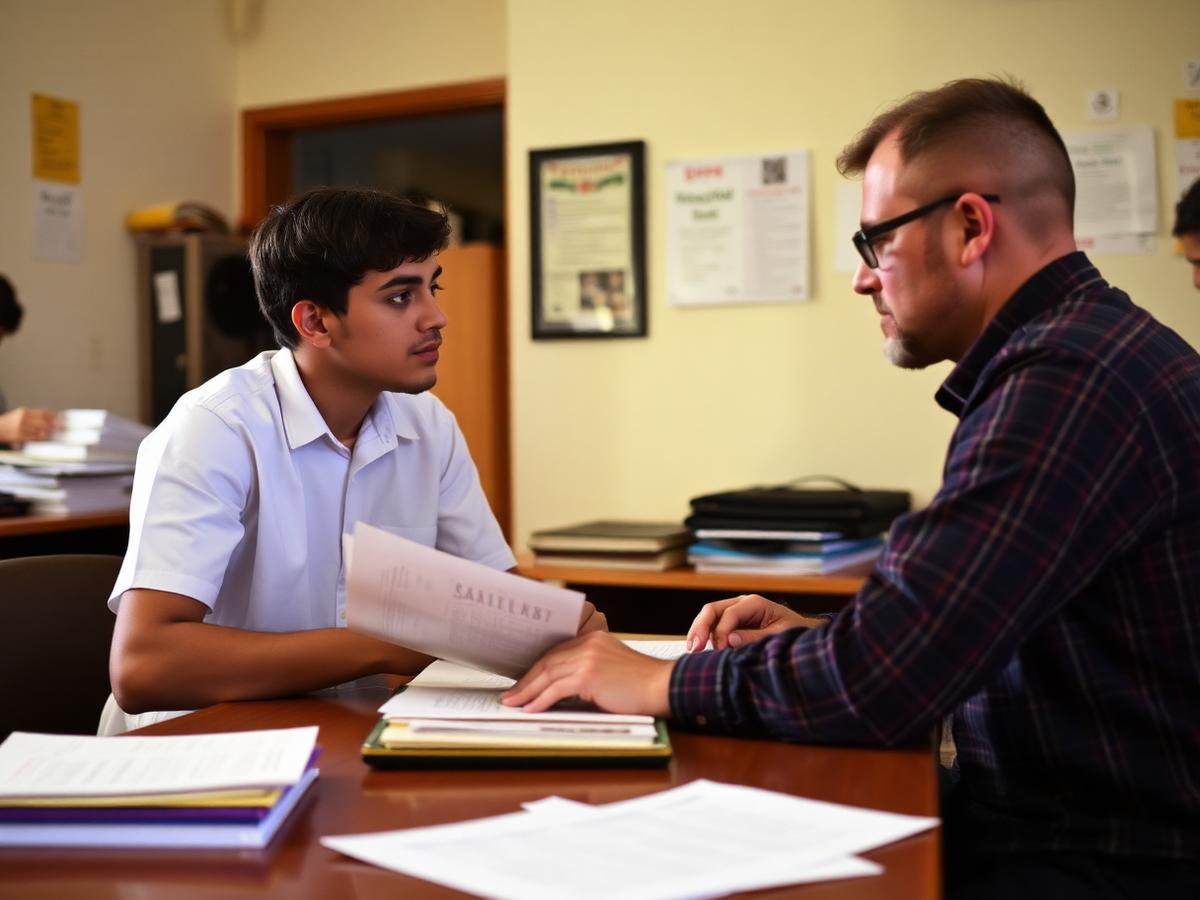 A caseworker reviewing immigration documents with a young man at a desk