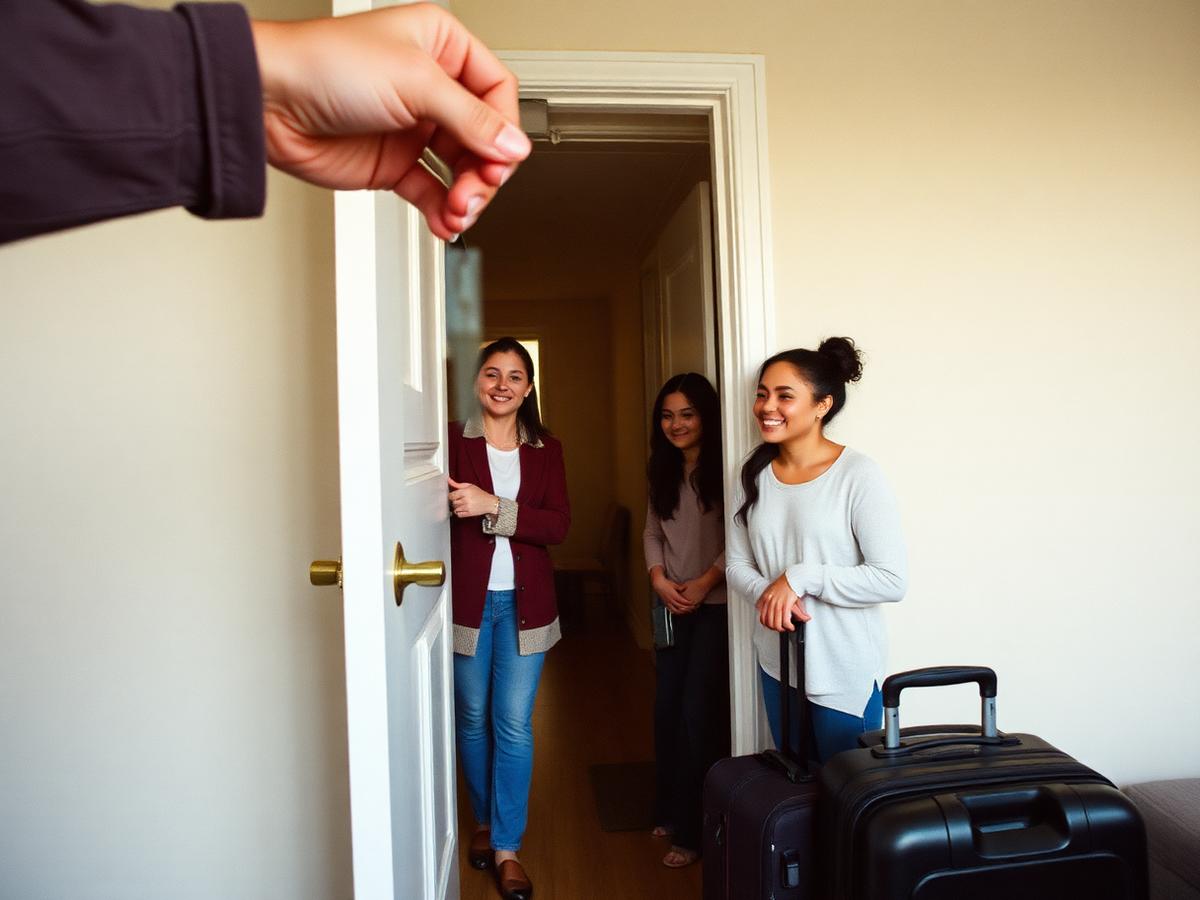 A settlement worker handing apartment keys to a newcomer family arriving with their suitcases